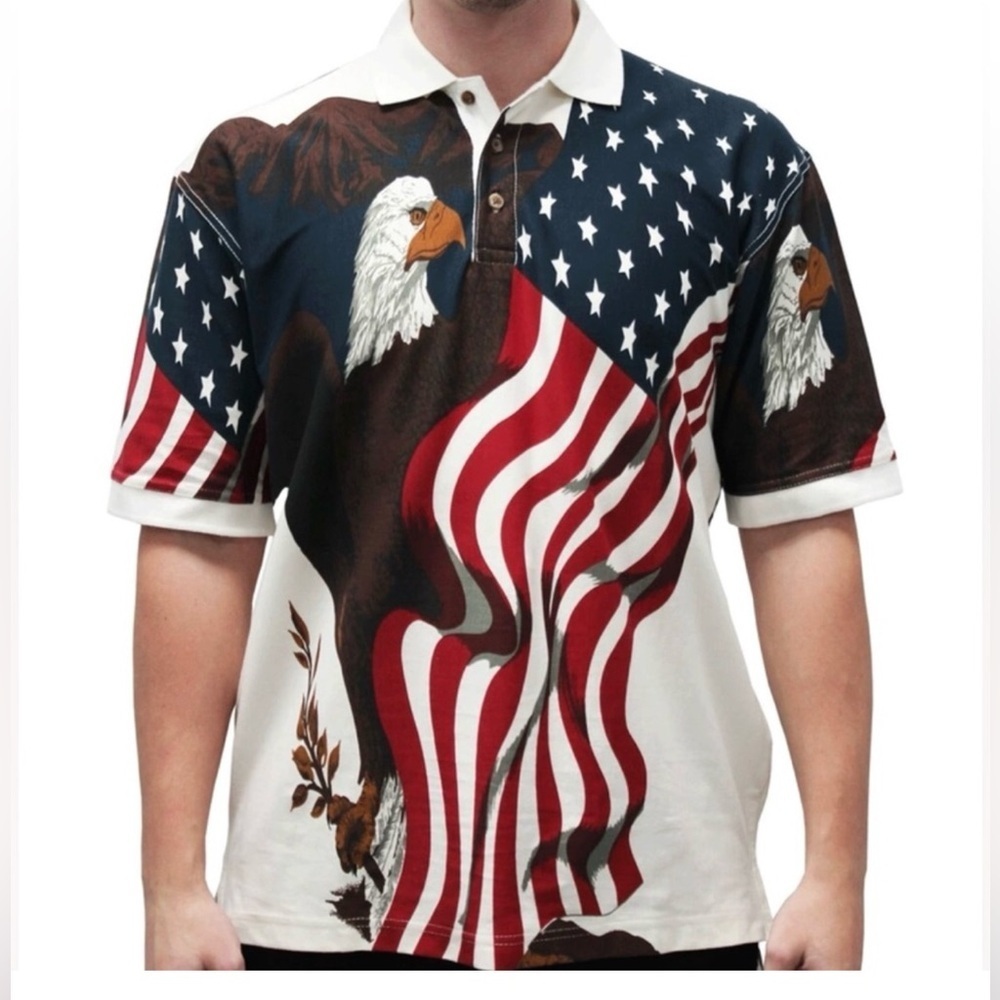 American Summer patriotic polo shirt with American Flag and bald eagle Large
